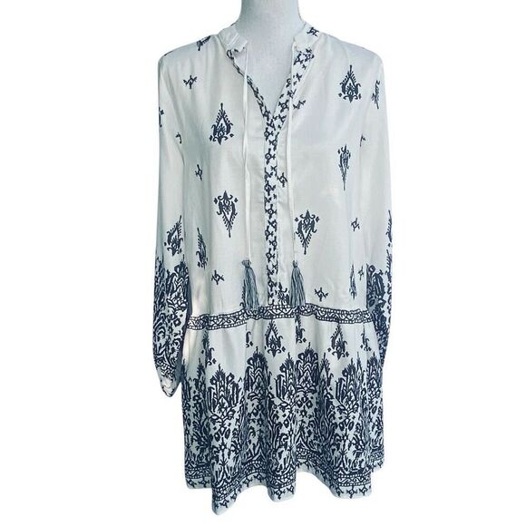 Sunday Up White Black Embroidered Tassel Tie Mini Dress Small - Picture 1 of 7